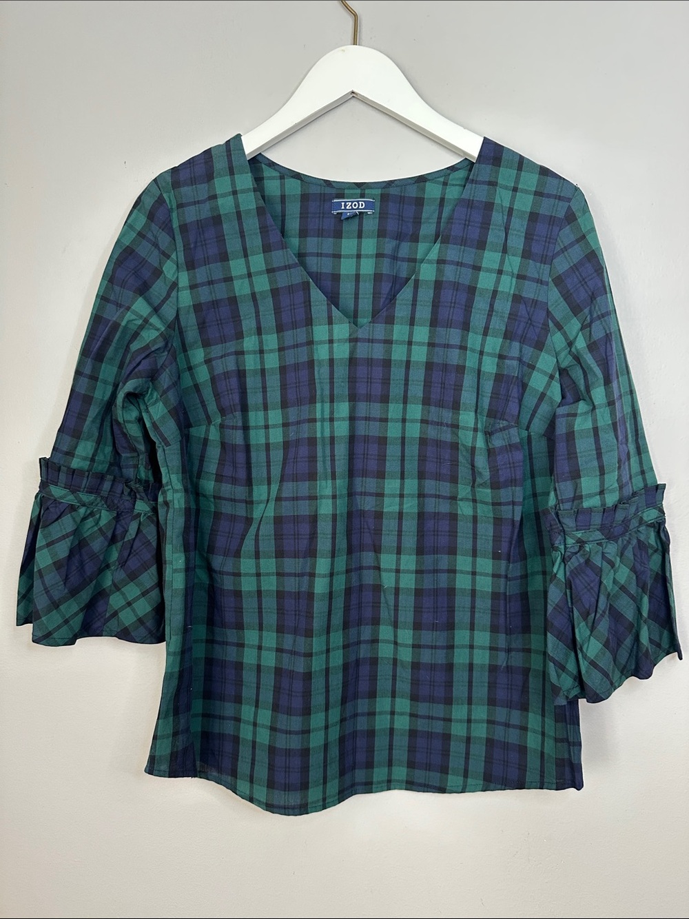 Izod Green and Navy Plaid V-Neck Peasant Sleeve Top